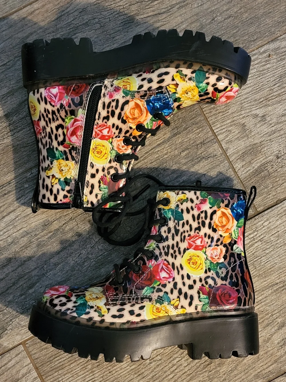 Betsey Johnson BK-JOHN Leopard Floral Combat Boots Lace Up Chunky Lug Sole NEW